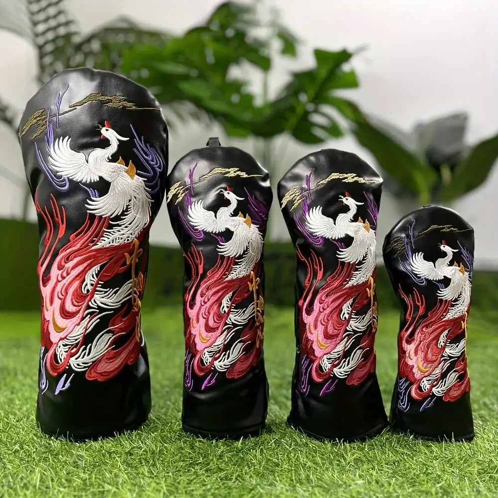 1pc Faux Leather Golf Club Head Cover featuring vibrant Phoenix embroidery, designed for stylish club protection.