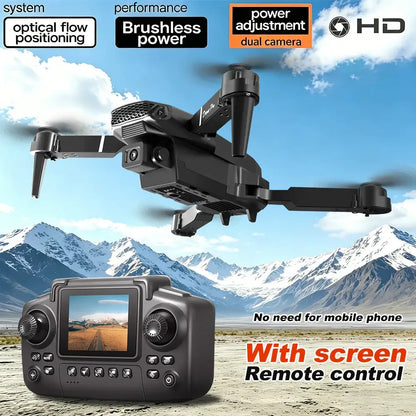 Foldable RC drone with dual camera in flight above mountains with remote control display