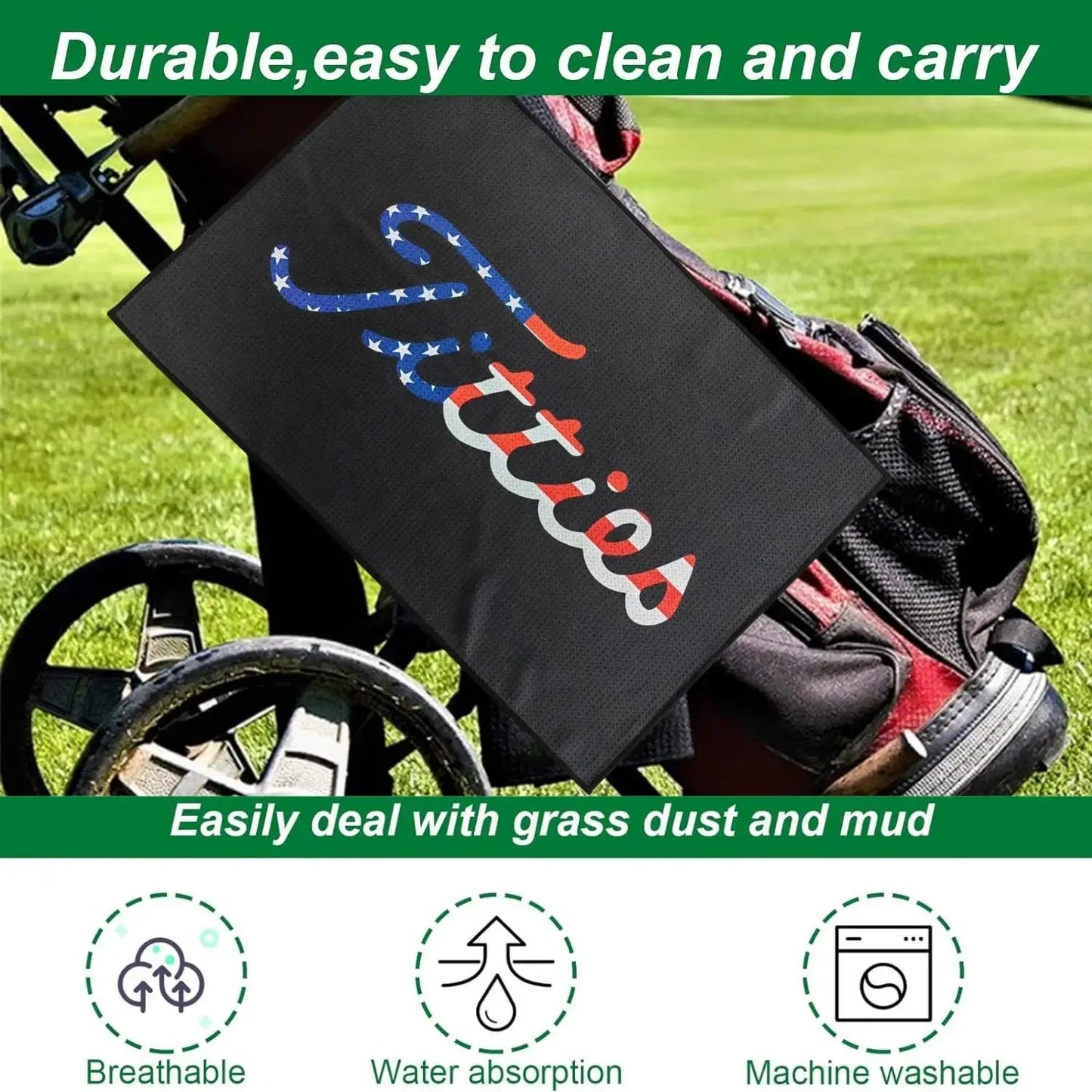 Funny golf towels for men and women featuring a playful design on a golf bag.