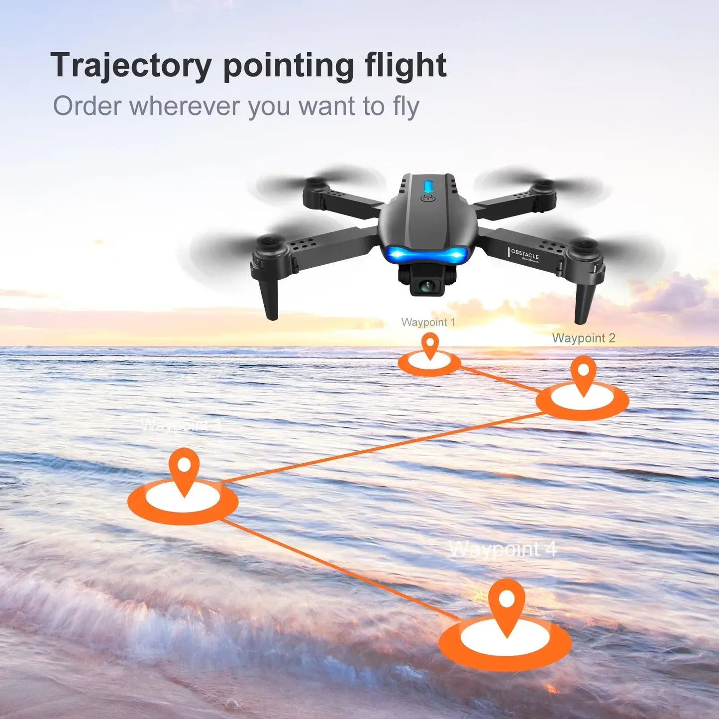 E88PRO MAX Foldable Drone in trajectory pointing flight over the ocean with waypoints.
