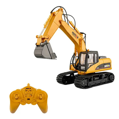 Huina 535 RC Excavator with remote control, showcasing its detailed design and functionality.