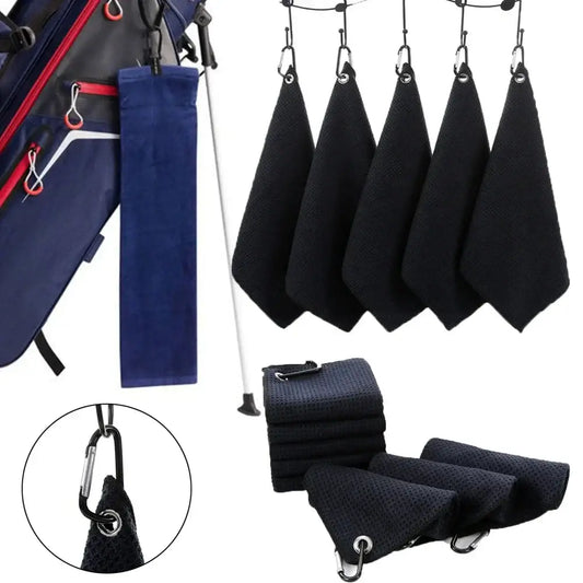 Black Microfiber Cotton Golf Towel with Carabiner Hook, ideal for cleaning golf clubs, hanging on bags.