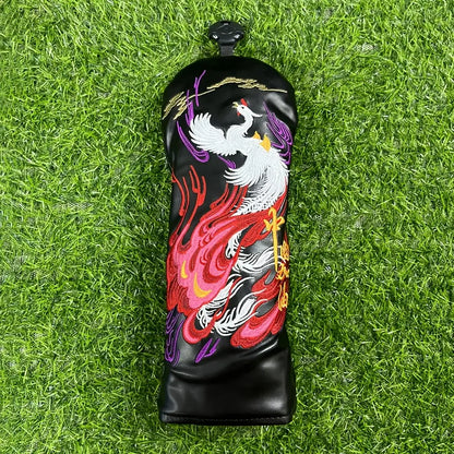 1pc Faux Leather Golf Club Head Cover with Phoenix Embroidery on a grass background