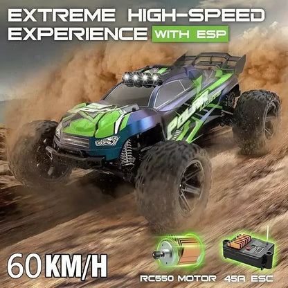 18 Large Size RC Car 60KMH driving on rugged terrain, showcasing high-speed performance and extreme racing experience.