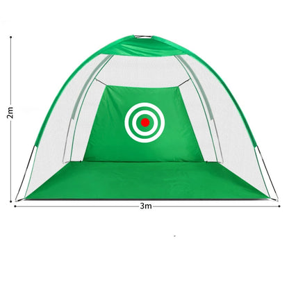 Indoor golf practice net with a target, dimensions 2m height and 3m width for effective training.