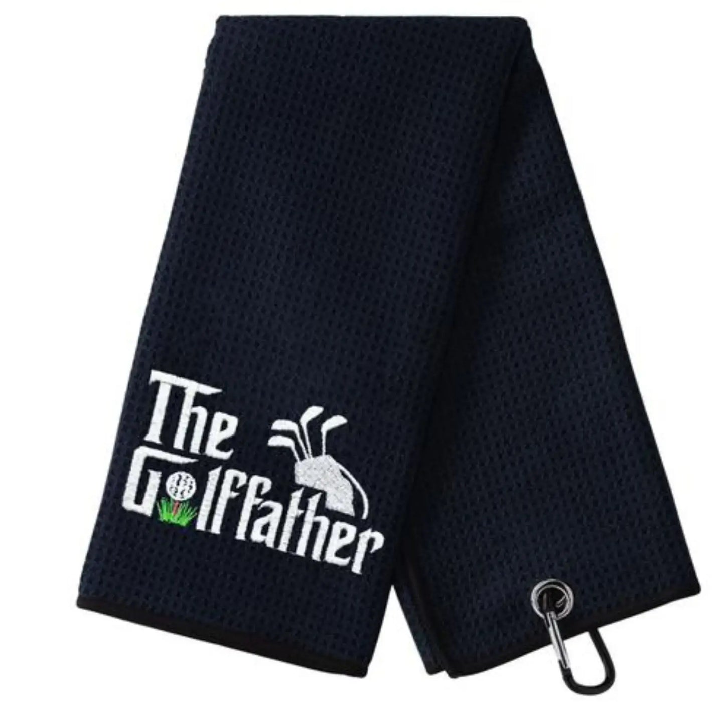 Microfiber Premium Golf Towel, Embroidered Golf Towels featuring 'The Golffather' design with carabiner clip.