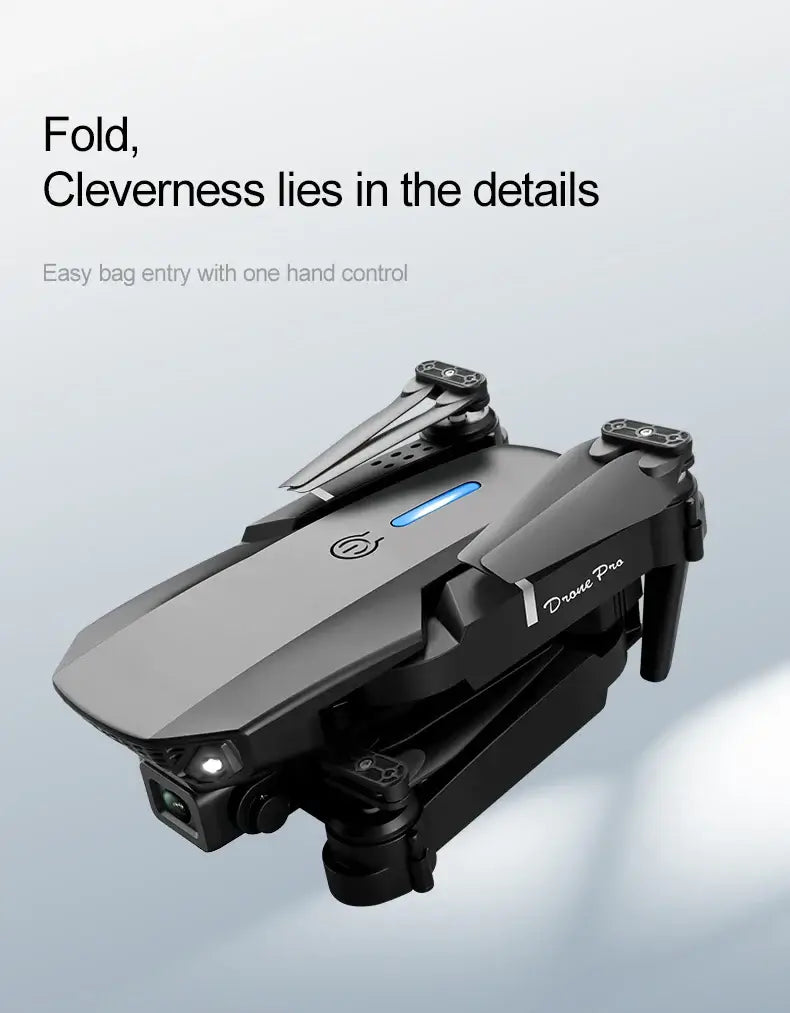 New E88 RC Drone compact design showcasing easy one-hand control and foldable feature for easy transport.