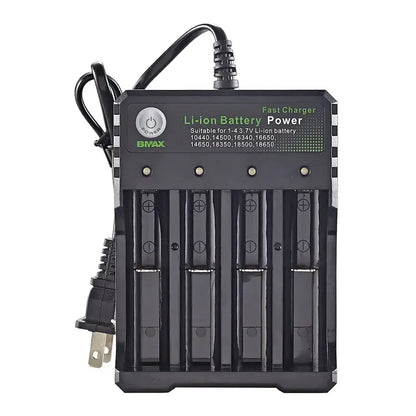 Battery Charger 4 Slots AC for charging 18500 and compatible lithium-ion batteries with dual voltage.