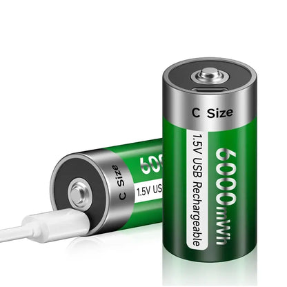 1.5V C Size Rechargeable Battery in green design showcasing USB charging capability.