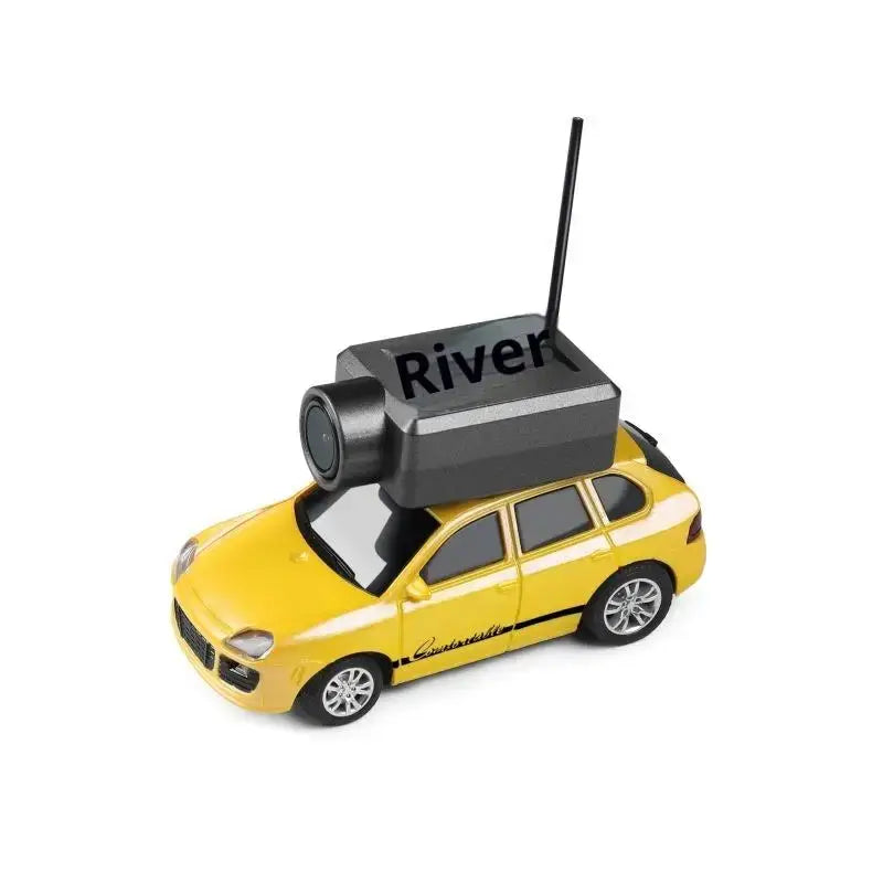 FPV RC Car HD Camera with Gyro Stabilization showcased on a yellow RC car model.