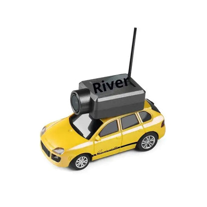 FPV RC Car HD Camera with Gyro Stabilization showcased on a yellow RC car model.