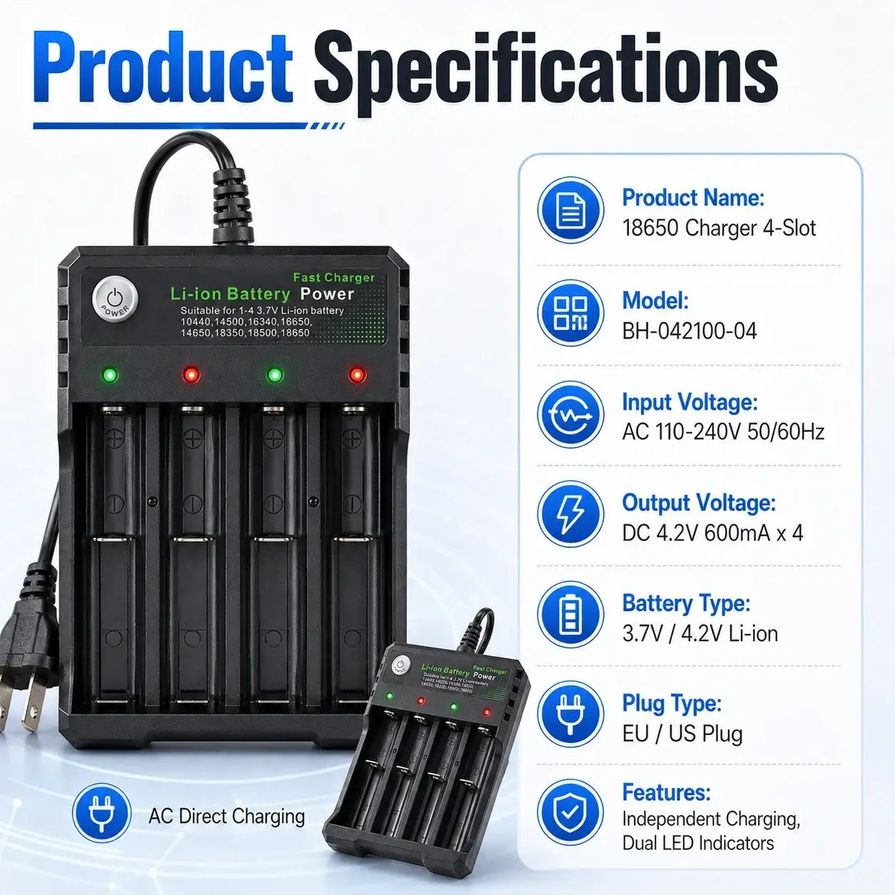 Battery Charger 4 Slots AC product specifications with dual voltage and four independent slots for lithium-ion batteries.