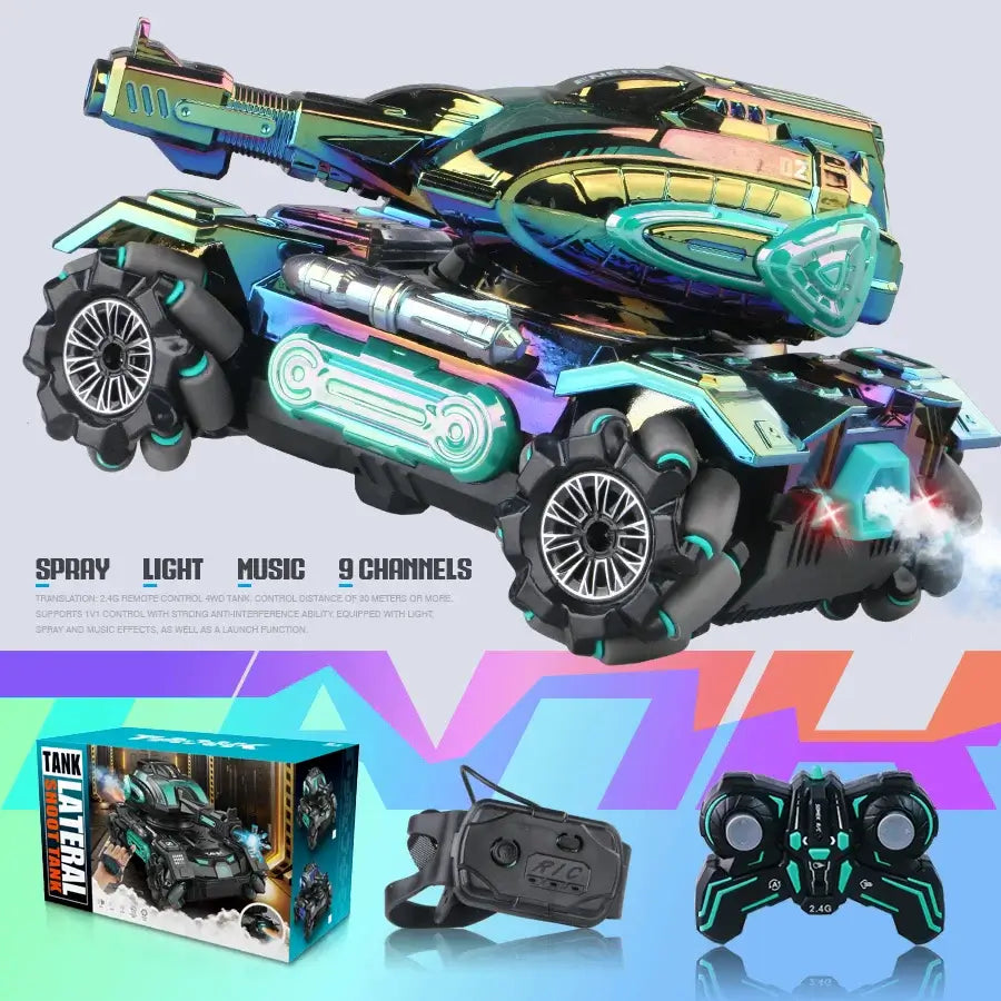 stunt launch water polo tank RC spray car 2.4G four-wheelSPECIFICATIONS stunt launch water polo tank Brand Name: NONE Certification: CE Charging Voltage: 3.7V Choice: yes Control Channels: 9 Channels Controller Mode: MODE1 Design: Cars Features: Remote Co