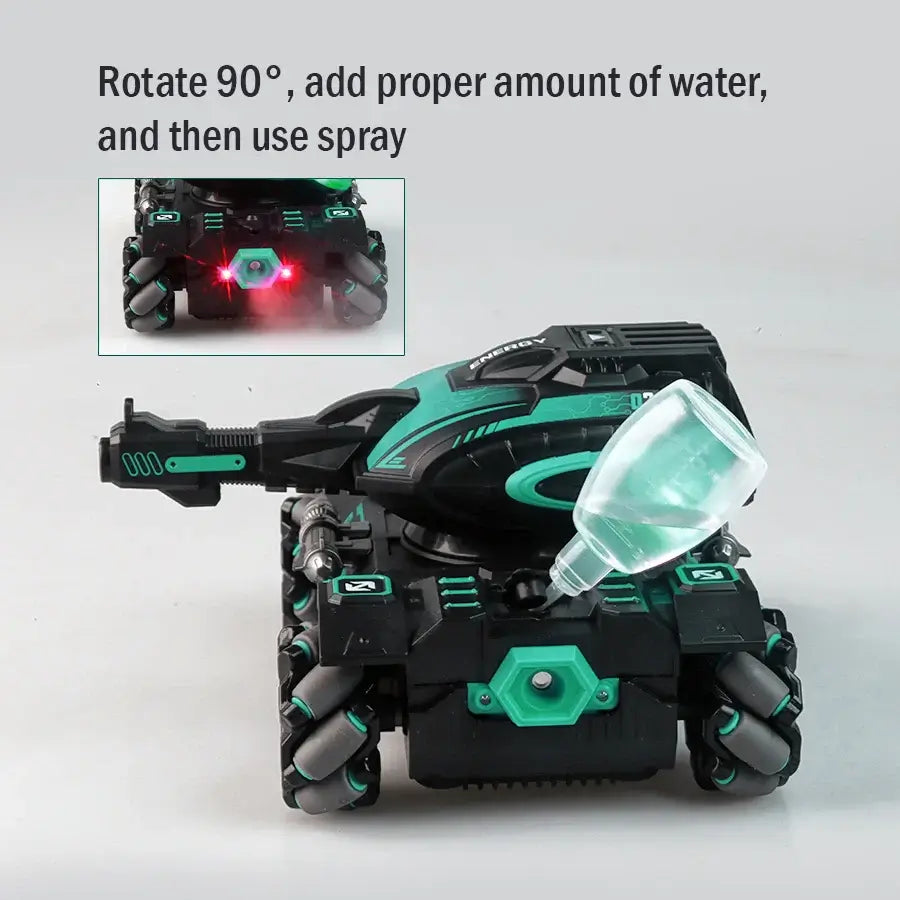 stunt launch water polo tank RC spray car 2.4G four-wheelSPECIFICATIONS stunt launch water polo tank Brand Name: NONE Certification: CE Charging Voltage: 3.7V Choice: yes Control Channels: 9 Channels Controller Mode: MODE1 Design: Cars Features: Remote Co