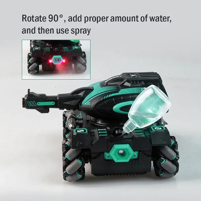 stunt launch water polo tank RC spray car 2.4G four-wheelSPECIFICATIONS stunt launch water polo tank Brand Name: NONE Certification: CE Charging Voltage: 3.7V Choice: yes Control Channels: 9 Channels Controller Mode: MODE1 Design: Cars Features: Remote Co