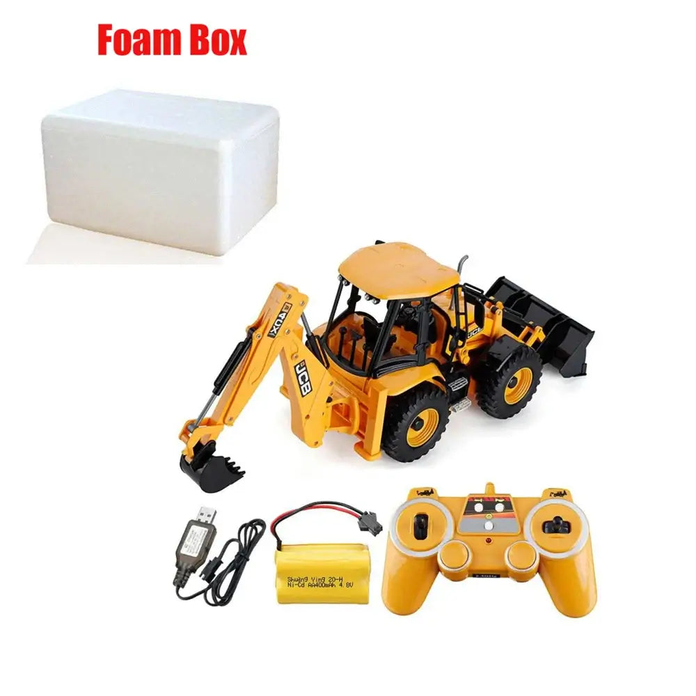 RC excavator remote control with foam box, accessories, and remote controller for easy operation.