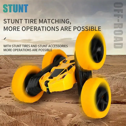 RC Stunt Car Children Double Sided in action showcasing off-road capabilities with stunt tires on a rugged terrain.