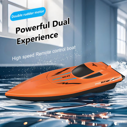 2.4G Remote Control Speed Boat for kids gliding on water, showcasing its powerful dual experience and high-speed capabilities.