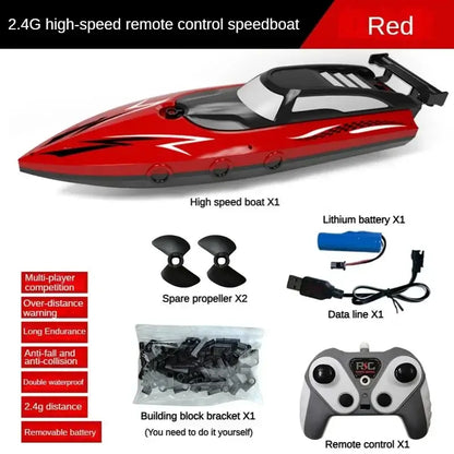 kids remote control boat toys featuring a high-speed red speedboat with remote control and accessories.