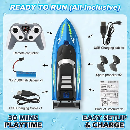 High speed remote control boat ready to run with controller, battery, USB charger, and spare propeller.