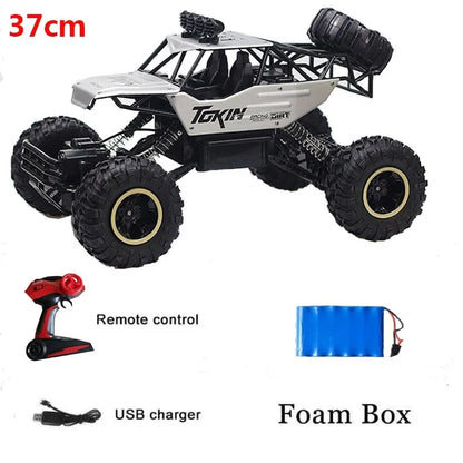 Remote control cars with LED lights 4WD RC car 37cm with remote control, USB charger, and foam box.