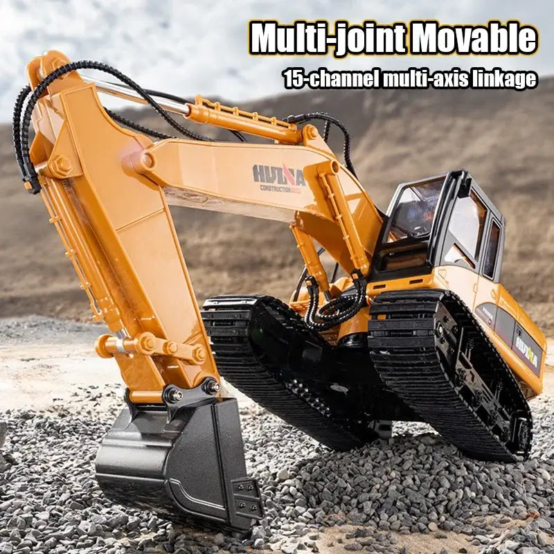 Huina 535 RC Excavator with multi-joint movable arm, showcasing 15-channel multi-axis linkage capabilities.