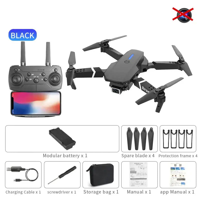 professional mini drone with obstacle avoidance E88 kit including remote control, camera, modular battery, and accessories.