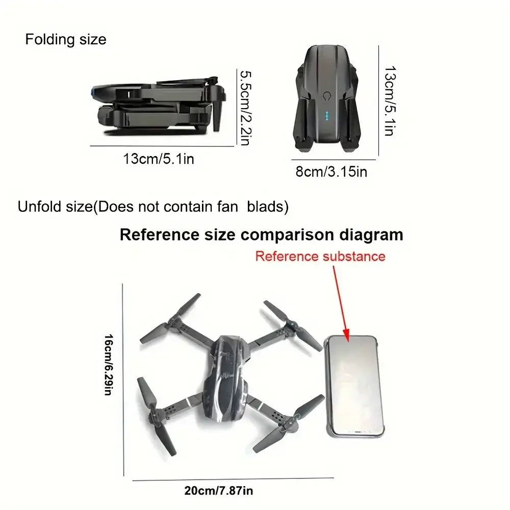 E99 PRO drone with dual camera size comparison diagram showing folded and unfolded dimensions.