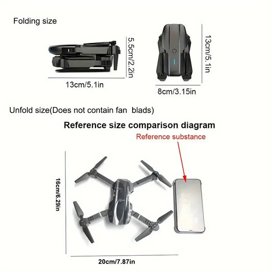 E99 PRO drone with dual camera size comparison diagram showing folded and unfolded dimensions.