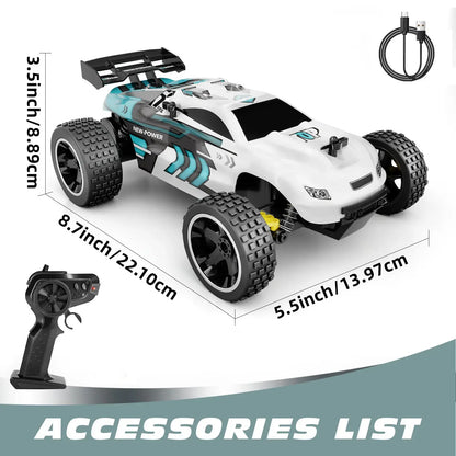 high-speed remote control car with racing design, remote controller, and USB charging cable accessories.