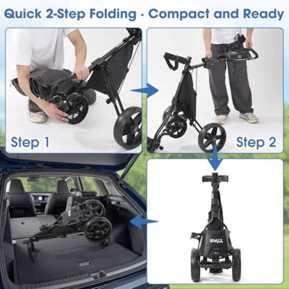 Lightweight golf push cart demonstration of quick 2-step folding mechanism for easy storage.