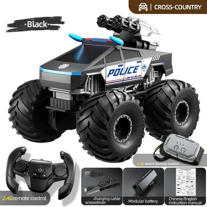 RC Car Amphibious Climbing Off-Road Drift Vehicle with police design and remote control features.