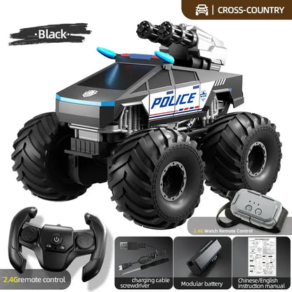 RC Car Amphibious Climbing Off-Road Drift Vehicle with police design and remote control features.