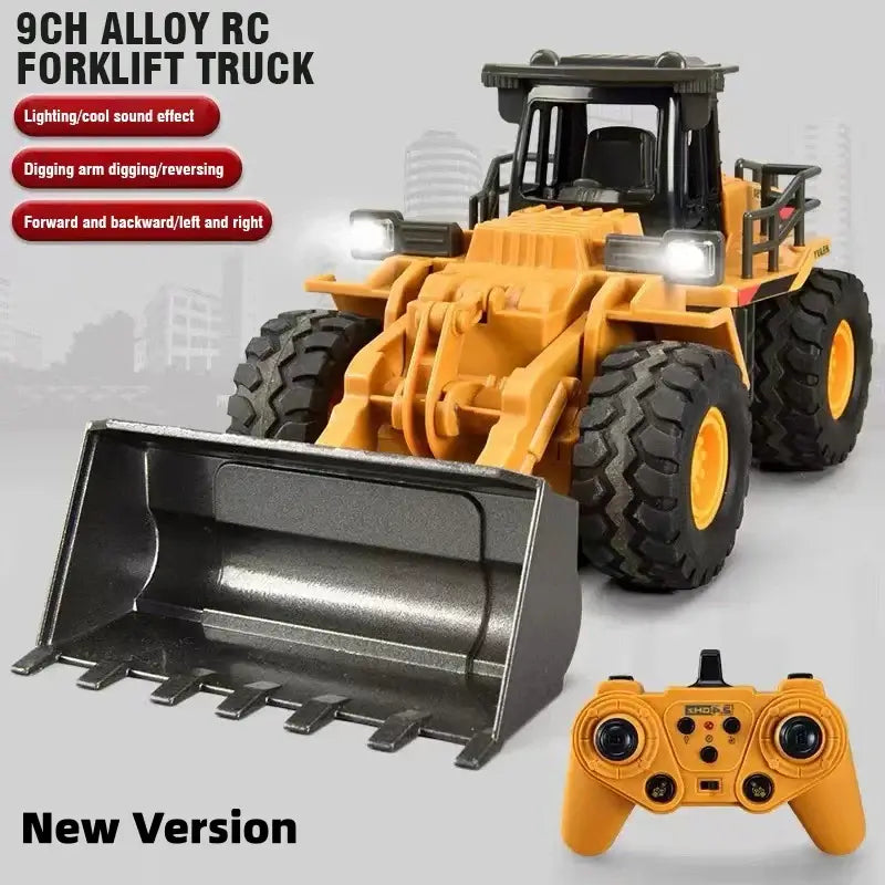 Remote Control Excavator Bulldozer showcasing a 9CH Alloy RC Forklift Truck with lighting effects and a detailed digging arm.