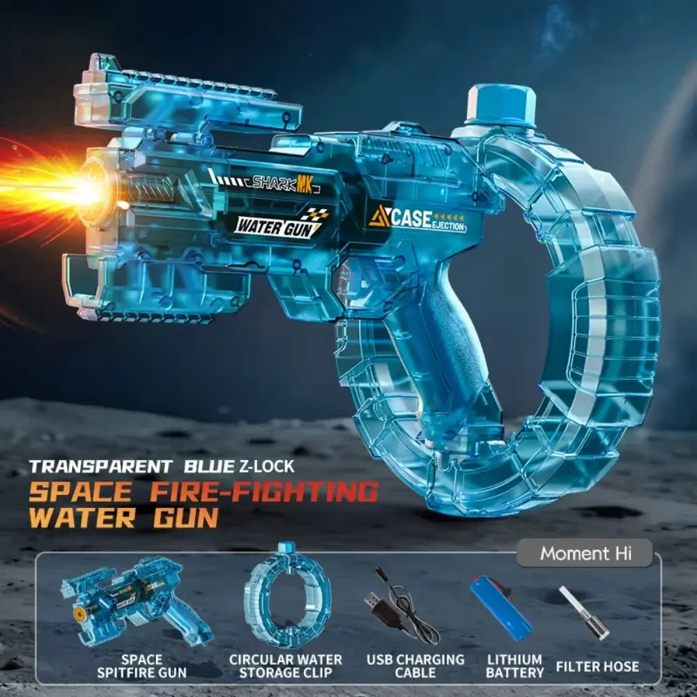 Electric Water Gun with LED Lights, transparent blue design, ideal for summer water battles and outdoor fun.