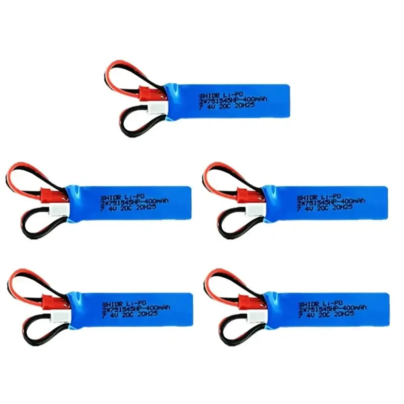 RC Car Battery 7.4V 400mAh pack with JST plug for remote control vehicles.