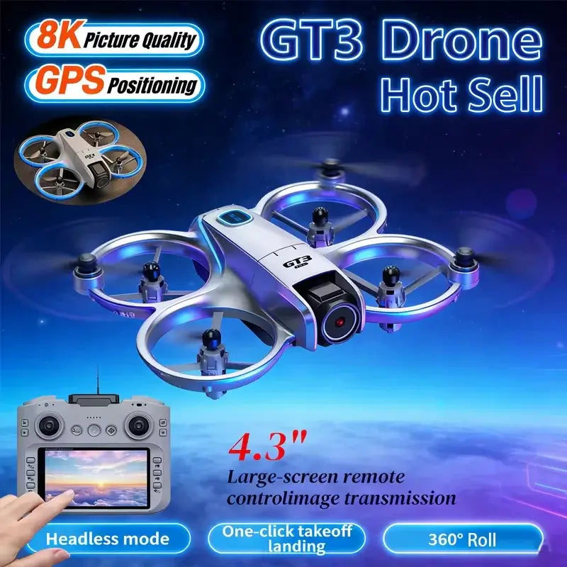 Drone GT3 MAX aerial view showcasing 8K resolution, GPS positioning, and large screen remote control.