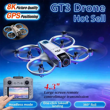 Drone GT3 MAX aerial view showcasing 8K resolution, GPS positioning, and large screen remote control.