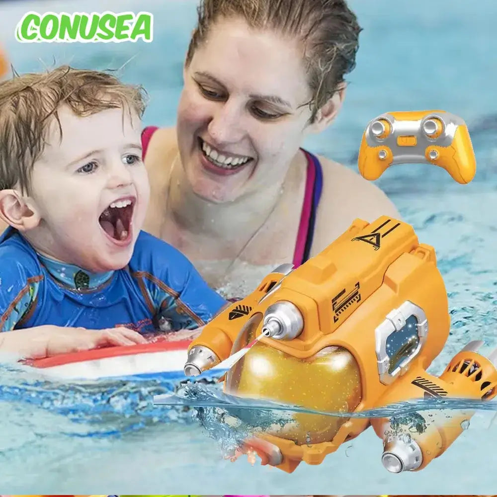 Rc Submarine Boat with Water Gun Remote Control Boats in action with child and parent enjoying pool time.