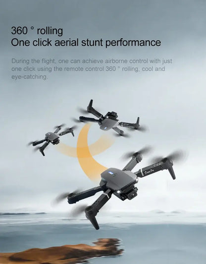 New E88 RC Drone performing 360° rolling aerial stunts in the sky.