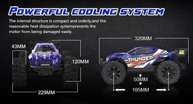Powerful cooling system of Lithium Battery RC Truck, displaying dimensions and heat dissipation features.