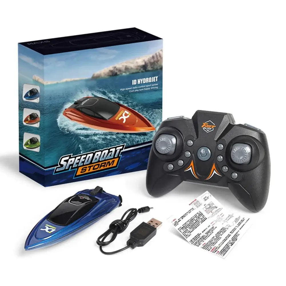 RC Boat 2.4Ghz 25kmh high-speed remote control racing ship with controller and charging accessories in packaging