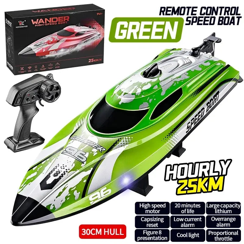 HJ820 RC Battery Boat 2.4Ghz 25km/h High-Speed Remote ControlExperience precision control on the water with the HJ820 RC Battery Boat, engineered for high-speed performance. This 2.4GHz remote control boat delivers impressive 25km/h speeds, making it idea