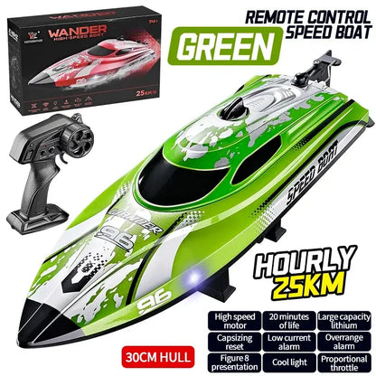 HJ820 RC Battery Boat 2.4Ghz 25km/h High-Speed Remote ControlExperience precision control on the water with the HJ820 RC Battery Boat, engineered for high-speed performance. This 2.4GHz remote control boat delivers impressive 25km/h speeds, making it idea