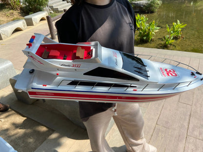 Super large remote control yacht displayed by a person outdoors near a lake.