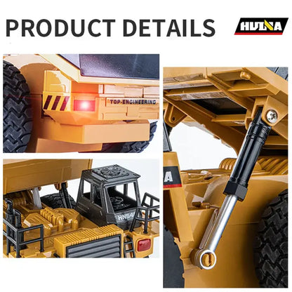 Detailed view of Huina 533D Alloy Remote Control Dump Truck showcasing engineering and structural design.