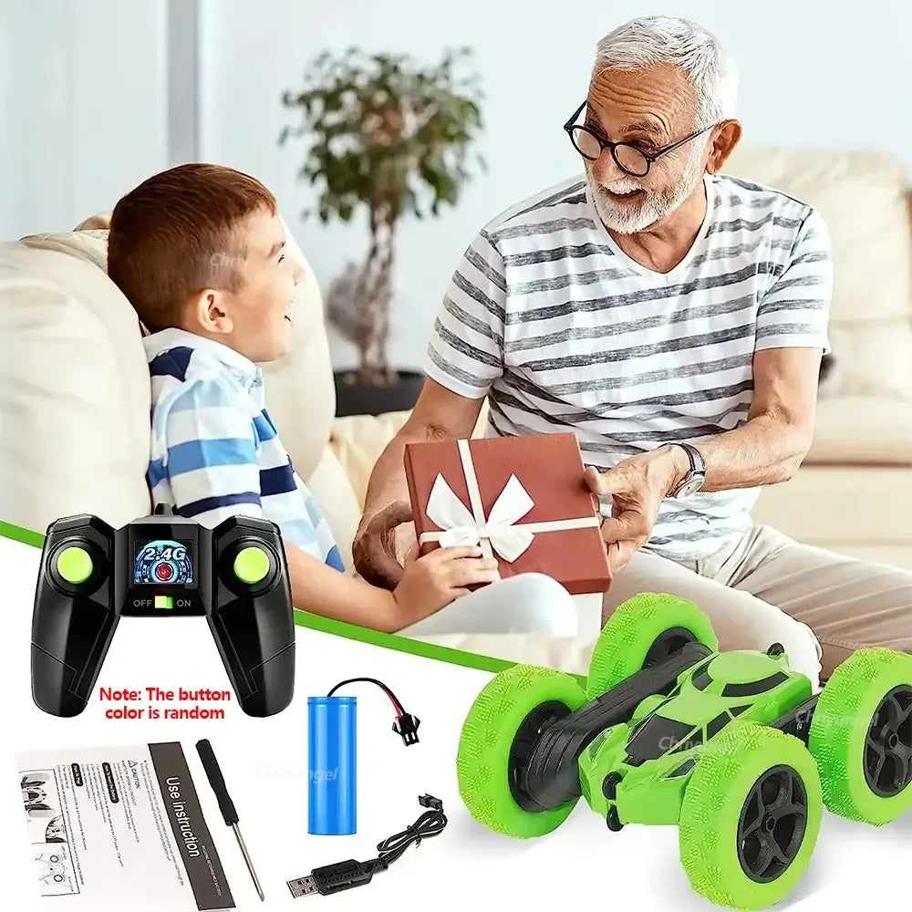 RC Stunt Car Children Double Sided remote control car being gifted, showcasing fun family interaction.