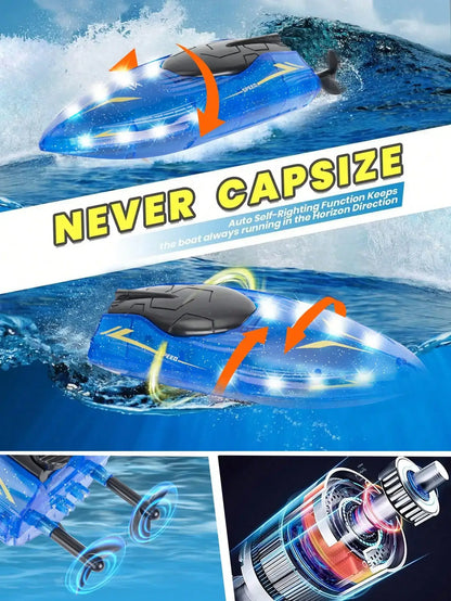 RC Racing Boat 2.4GHz LED Lights featuring auto self-righting function and multicolor design on water.