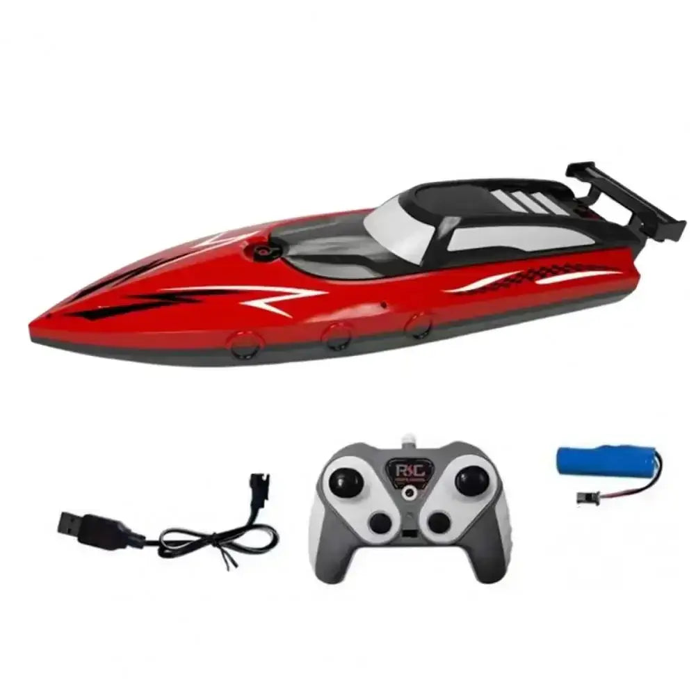 RC Boat With LED Lights and remote control, battery, and charging cable for kids toy on water.