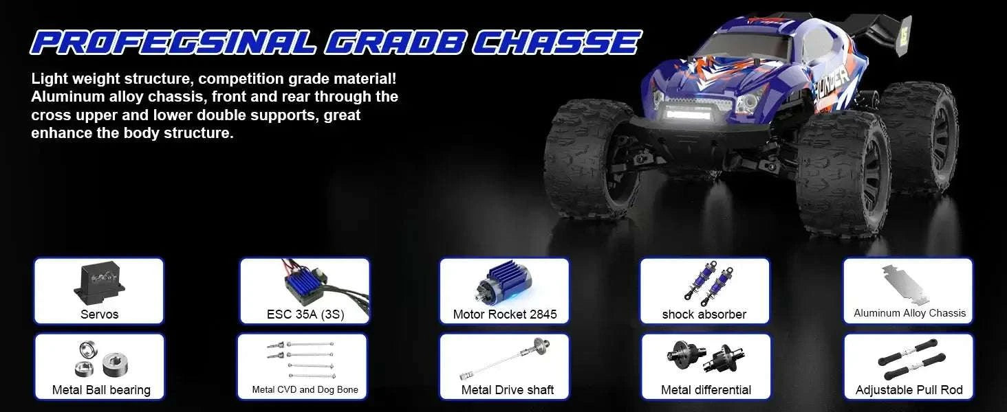Lithium Battery RC Truck showcasing the Profegsinal Grab Chass, featuring aluminum alloy chassis and robust design.
